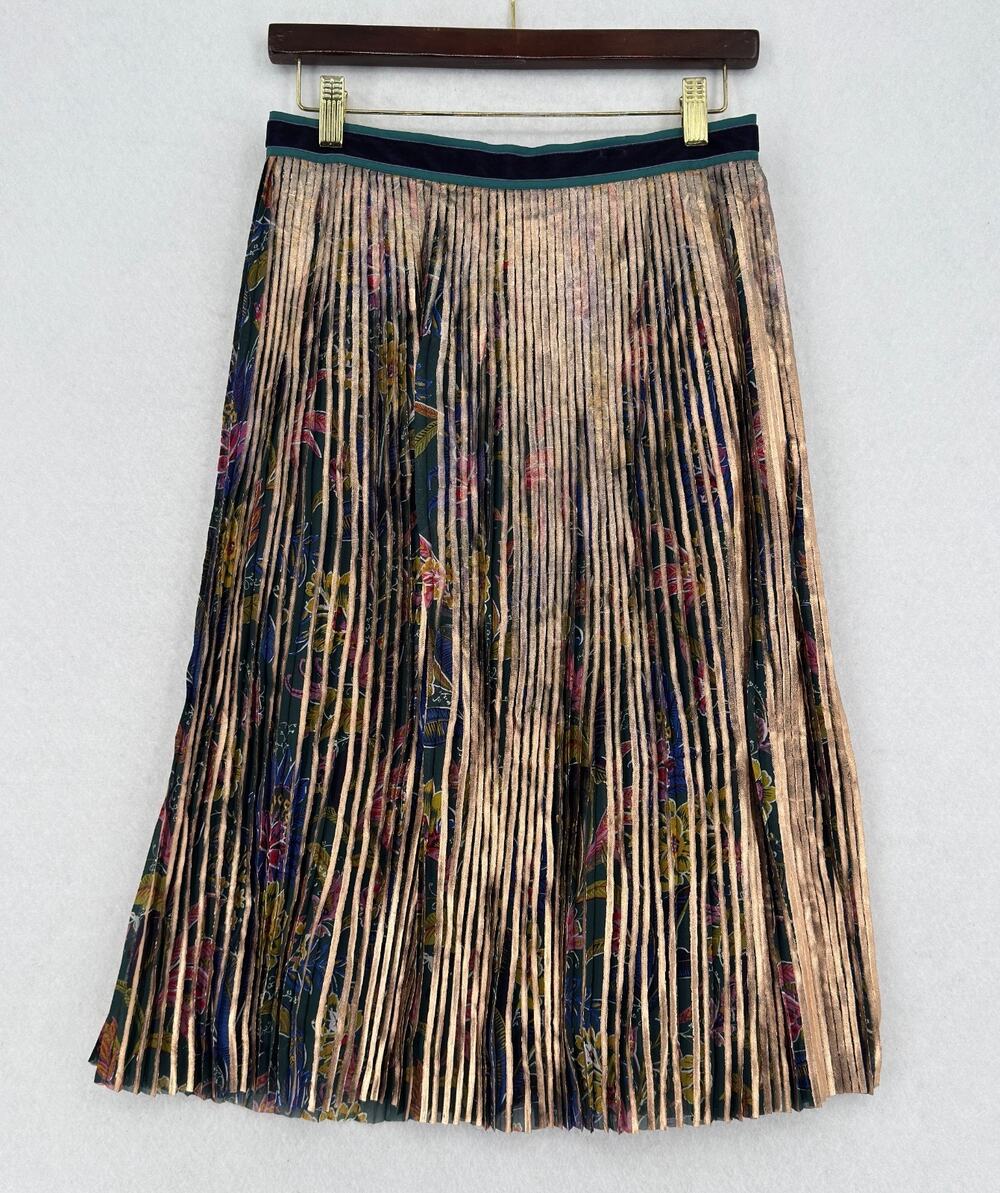 Maeve Anthropologie Metallic Gold Floral Printed Pleated Midi Skirt Sz 4
